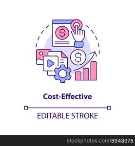 Cost effective concept icon. Promotion online. Social media advertising benefit abstract idea thin line illustration. Isolated outline drawing. Editable stroke. Arial, Myriad Pro-Bold fonts used. Cost effective concept icon