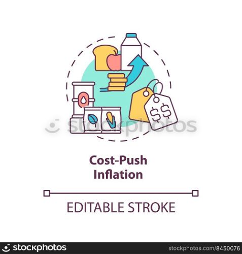 Cost push inflation concept icon. Food products price increasing. Inflation type abstract idea thin line illustration. Isolated outline drawing. Editable stroke. Arial, Myriad Pro-Bold fonts used. Cost push inflation concept icon