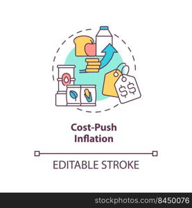 Cost push inflation concept icon. Food products price increasing. Inflation type abstract idea thin line illustration. Isolated outline drawing. Editable stroke. Arial, Myriad Pro-Bold fonts used. Cost push inflation concept icon