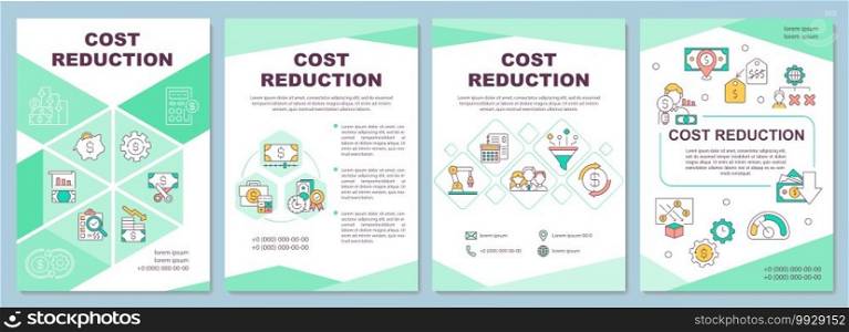 Cost reduction brochure template. Decrease money value of something. Flyer, booklet, leaflet print, cover design with linear icons. Vector layouts for magazines, annual reports, advertising posters. Cost reduction brochure template