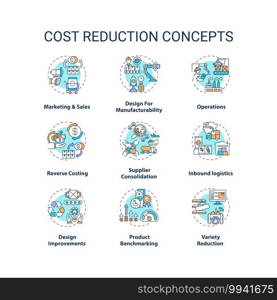 Cost reduction concept icons set. Company optimization idea thin line RGB color illustrations. Value chain components. Vector isolated outline drawings. Cost-saving strategy. Editable stroke. Cost reduction concept icons set