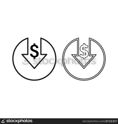 Cost reduction icon. Dollar decrease icon. Dollar Down icon. Money symbol with arrow. Vector illustration. EPS 10. Stock image.. Cost reduction icon. Dollar decrease icon. Dollar Down icon. Money symbol with arrow. Vector illustration. EPS 10.