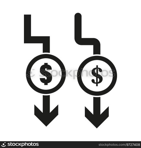 Cost reduction icon. Dollar decrease icon. Money symbol with arrow. Dollar down icon. Vector illustration. EPS 10. Stock image.. Cost reduction icon. Dollar decrease icon. Money symbol with arrow. Dollar down icon. Vector illustration. EPS 10.