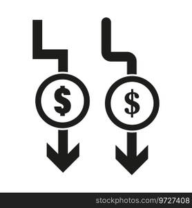 Cost reduction icon. Dollar decrease icon. Money symbol with arrow. Dollar down icon. Vector illustration. EPS 10. Stock image.. Cost reduction icon. Dollar decrease icon. Money symbol with arrow. Dollar down icon. Vector illustration. EPS 10.