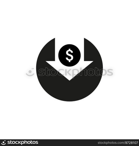 Cost reduction icon. Money symbol with arrow fall down. Dollar decrease icon. Dollar down icon. Vector illustration. EPS 10. Stock image.. Cost reduction icon. Money symbol with arrow fall down. Dollar decrease icon. Dollar down icon. Vector illustration. EPS 10.
