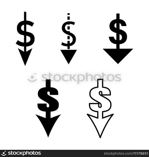 Cost reduction icon set. Money symbol with arrows down. Dollar decrease sign. Dollar down icon. Vector illustration. EPS 10. Stock image.. Cost reduction icon set. Money symbol with arrows down. Dollar decrease sign. Dollar down icon. Vector illustration. EPS 10.