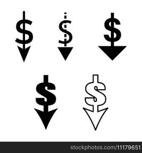 Cost reduction icon set. Money symbol with arrows down. Dollar decrease sign. Dollar down icon. Vector illustration. EPS 10. Stock image.. Cost reduction icon set. Money symbol with arrows down. Dollar decrease sign. Dollar down icon. Vector illustration. EPS 10.