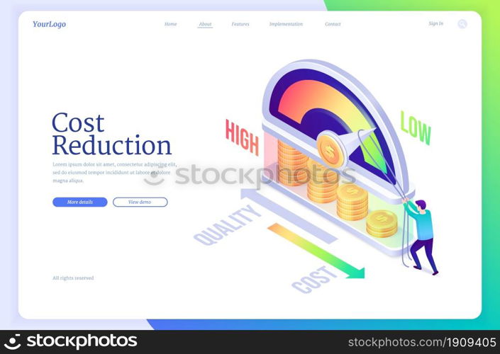 Cost reduction isometric landing page, business concept of optimization financial and marketing strategy, balance between low and high spending, price cut, quality maximization 3d vector web banner. Cost reduction isometric landing page, business