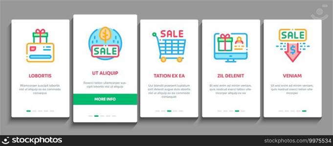 Cost Reduction Sale Onboarding Mobile App Page Screen Vector. Winter And Summer Seasonal Cost Reduction, Discount Card And Black Friday, Cashback And Gift Illustrations. Cost Reduction Sale Onboarding Elements Icons Set Vector