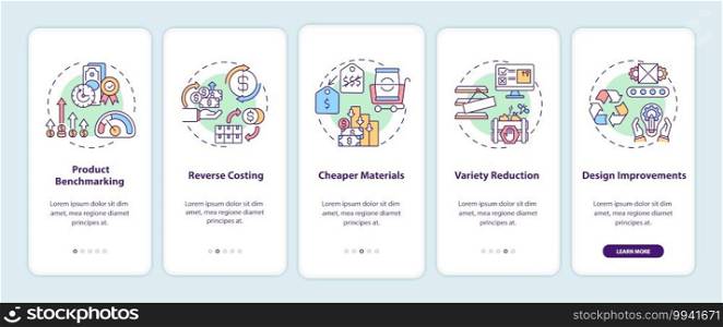 Cost reduction strategies onboarding mobile app page screen with concepts. Product benchmarking walkthrough 5 steps graphic instructions. UI vector template with RGB color illustrations. Cost reduction strategies onboarding mobile app page screen with concepts