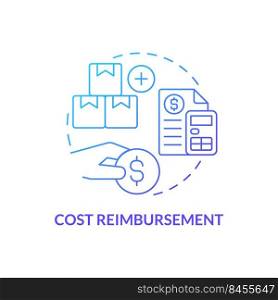 Cost reimbursement blue gradient concept icon. Type of contract abstract idea thin line illustration. Profit percentage. Compensation. Isolated outline drawing. Myriad Pro-Bold font used. Cost reimbursement blue gradient concept icon