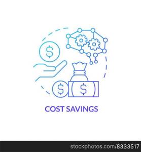 Cost savings blue gradient concept icon. Cheap automation service. Benefit of AI in marketing abstract idea thin line illustration. Isolated outline drawing. Myriad Pro-Bold font used. Cost savings blue gradient concept icon