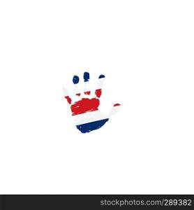 Costa Rica flag and hand on white background. Vector illustration.. Costa Rica flag and hand on white background. Vector illustration
