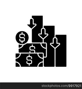 Costs black glyph icon. Money needed to pay for specific product or service. Value of money that has been used up to produce something. Silhouette symbol on white space. Vector isolated illustration. Costs black glyph icon