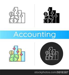 Costs icon. Money needed to pay for specific product or service. Value of money that has been used up to produce something. Linear black and RGB color styles. Isolated vector illustrations. Costs icon