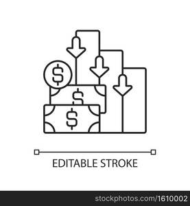 Costs linear icon. Money needed to pay for product. Value of money that has been used up. Thin line customizable illustration. Contour symbol. Vector isolated outline drawing. Editable stroke. Costs linear icon