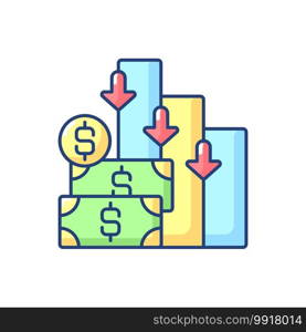 Costs RGB color icon. Money needed to pay for specific product or service. Value of money that has been used up to produce something. Isolated vector illustration. Costs RGB color icon