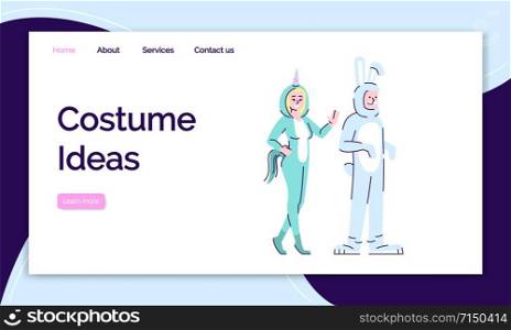 Costume ideas landing page vector template. Holiday clothing website interface idea with flat illustrations. Fabulous costumes homepage layout. Animal suits web banner, webpage cartoon concept