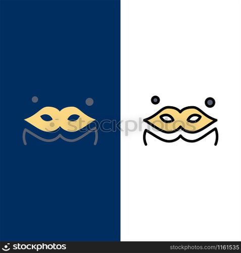 Costume, Mask, Masquerade Icons. Flat and Line Filled Icon Set Vector Blue Background