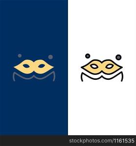 Costume, Mask, Masquerade Icons. Flat and Line Filled Icon Set Vector Blue Background