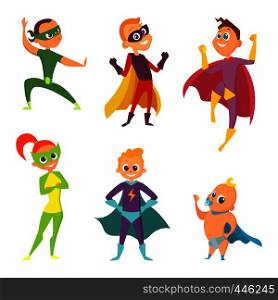 Costume of superheroes kids. Cartoon illustrations of children in action poses. Superhero costume boy and girl vector. Costume of superheroes kids. Cartoon illustrations of children in action poses