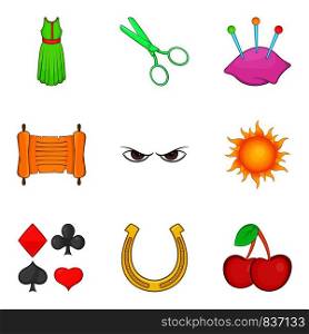 Costume party icons set. Cartoon set of 9 costume party vector icons for web isolated on white background. Costume party icons set, cartoon style