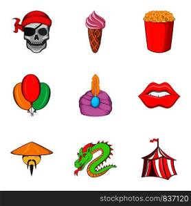 Costume show icons set. Cartoon set of 9 costume show vector icons for web isolated on white background. Costume show icons set, cartoon style