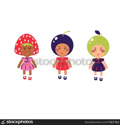 Costumed kids vector cartoon isolated illustration. Children wearing fruit costumes for kindergarten matinee.. Costumed kids vector cartoon illustration. Children wearing fruit costumes.