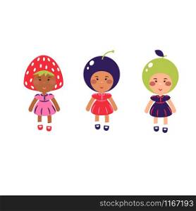 Costumed kids vector cartoon isolated illustration. Children wearing fruit costumes for kindergarten matinee.. Costumed kids vector cartoon illustration. Children wearing fruit costumes.