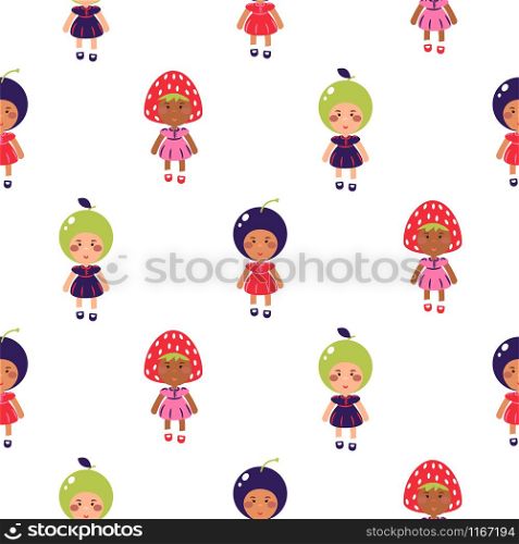 Costumed kids vector cartoon seamless pattern. Children wearing fruit costumes for kindergarten matinee.. Costumed kids vector cartoon seamless pattern. Children wearing fruit costumes.