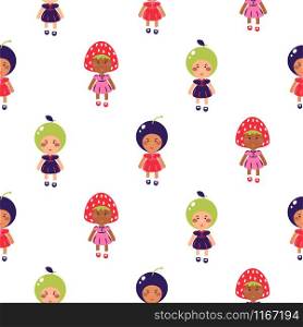 Costumed kids vector cartoon seamless pattern. Children wearing fruit costumes for kindergarten matinee.. Costumed kids vector cartoon seamless pattern. Children wearing fruit costumes.