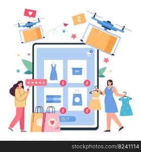Costumers using digital gadgets for online shopping on sales. Professional drones delivering parcels from internet stores to female users flat vector illustration. Delivery, ecommerce concept. Costumers using digital gadgets for online shopping on sales