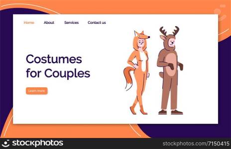 Costumes for couples landing page vector template. Holiday clothing website interface idea, flat illustrations. Animal costumes homepage layout. Fox and deer suits web banner, webpage cartoon concept