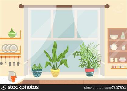 Cosy kitchen interior. Windowsill with plants in colorful flower pots. Cupboard with dishes and cutlery, wooden shelf. Sweet home concept vector illustration. Kitchen Interior, Window Sill with Plants Vector