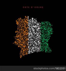 Cote d Ivoire flag map, chaotic particles pattern in the colors of the Ivory Coast flag. Vector illustration isolated on black background.. Cote d Ivoire flag map, chaotic particles pattern in the Ivory Coast flag colors. Vector illustration