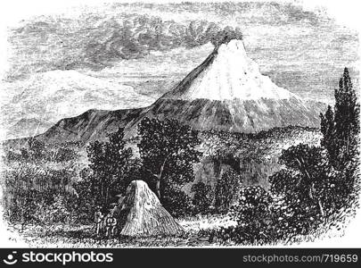 Cotopaxi Volcano in Equador, during the 1890s, vintage engraving. Old engraved illustration of Cotopaxi Volcano.