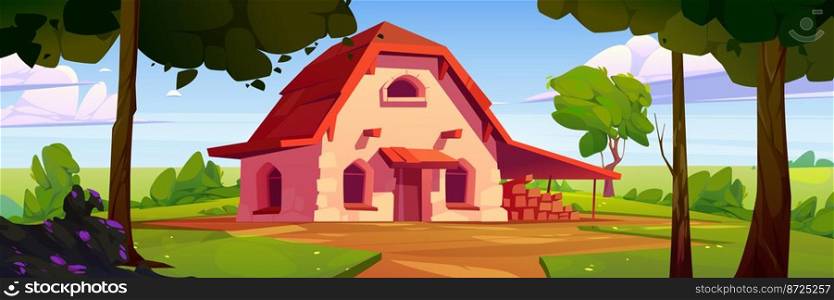 Cottage at forest edge, cozy stone house with wooden roof stand on field among green coniferous trees. Fantasy home in sunny summer wood. Eco dwelling, pc game background, Cartoon vector illustration. Cottage at forest edge, cozy stone house on field