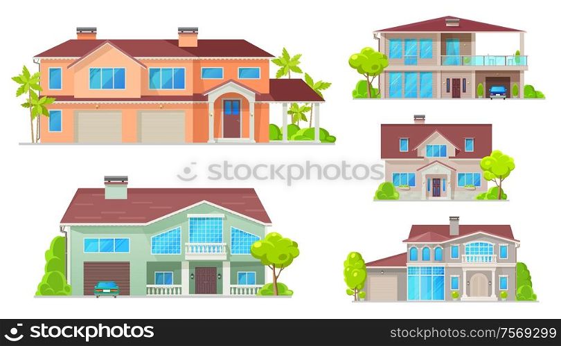Cottage, country house, villa, mansion and bungalow vector buildings. Real estate objects. Facade exteriors, windows, entrance door, garage and parking zone, trees. Country house, cottage, bungalow, villa, mansion