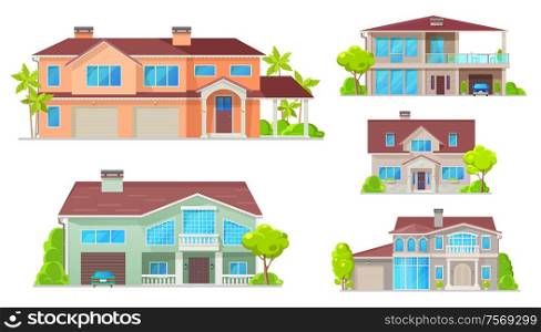 Cottage, country house, villa, mansion and bungalow vector buildings. Real estate objects. Facade exteriors, windows, entrance door, garage and parking zone, trees. Country house, cottage, bungalow, villa, mansion
