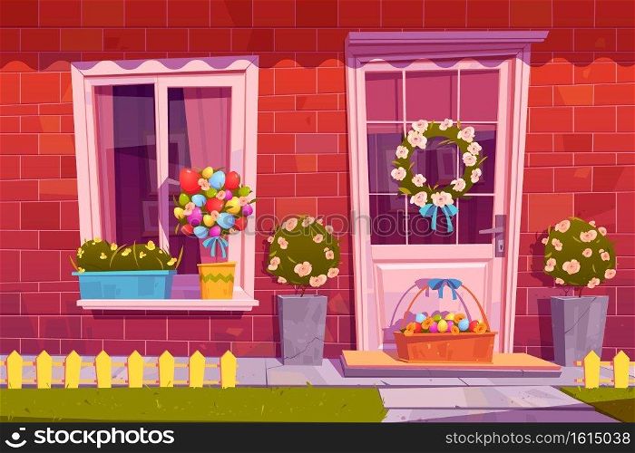 Cottage house facade decorated for Easter holiday with eggs in basket and flower wreath or bouquet. Front view home building exterior of red brick with window and door, Cartoon vector illustration. Cottage house facade decorated for Easter holiday