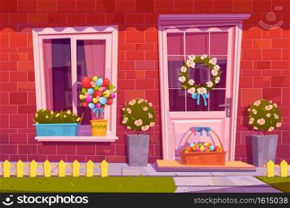 Cottage house facade decorated for Easter holiday with eggs in basket and flower wreath or bouquet. Front view home building exterior of red brick with window and door, Cartoon vector illustration. Cottage house facade decorated for Easter holiday