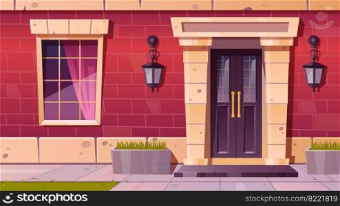 Cottage house facade front view, home building exterior of red brick with window, door and rug at doorstep with plants in flowerbeds, tiled path and green lawn at yard, Cartoon vector illustration. Cottage house facade front view, building exterior