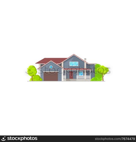 Cottage house in cartoon style with garage, entrance door and windows. Vector town family mansion with green trees, real estate property villa outdoor facade. Residential building on sale or rent. Villa or two-storied cottage house isolated icon