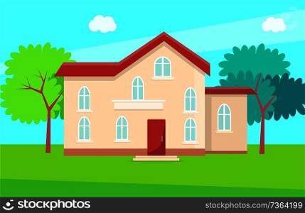 Cottage house multi storey building with entrance door and windows vector illustration on green grass, trees on background. Country home in village vector. Cottage House Multi Storey Building with Entrance