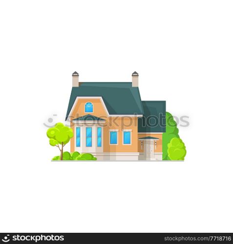 Cottage house residential hotel isolated building icon. Vector real estate cottage, country house with chimney pipes, entrance door and windows. Urban private home, villa or private home townhouse. Real estate building, cottage house with chimney