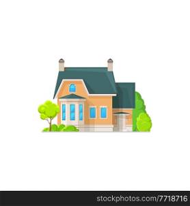 Cottage house residential hotel isolated building icon. Vector real estate cottage, country house with chimney pipes, entrance door and windows. Urban private home, villa or private home townhouse. Real estate building, cottage house with chimney
