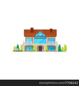 Cottage house with chimney pipes on roof isolated home in cartoon style. Vector facade architecture of real estate property villa, outdoor family mansion with green trees. Building on sale or rent. Villa or two-storied cottage house with chimney