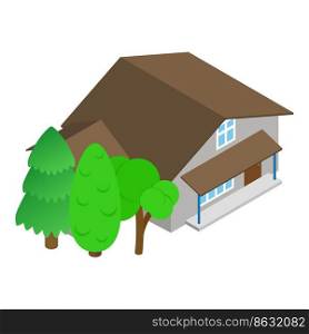 Cottage icon isometric vector. Modern two storey building and green tree icon. New large house with veranda, residential home. Cottage icon isometric vector. Modern two storey building and green tree icon