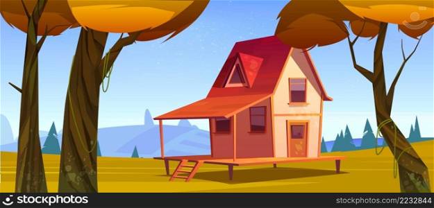 Cottage in autumn forest landscape, wooden house on stilts on yellow field among trees with orange foliage. Home dwelling with terrace on piles at sunny wood background, Cartoon vector illustration. Cottage in autumn forest landscape, wooden house