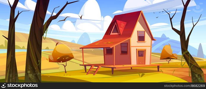 Cottage in autumn forest landscape, wooden house on stilts on yellow field among bare trees and dry grass. Home dwelling with terrace on piles at sunny wood background, Cartoon vector illustration. Cottage in autumn forest landscape, wooden house